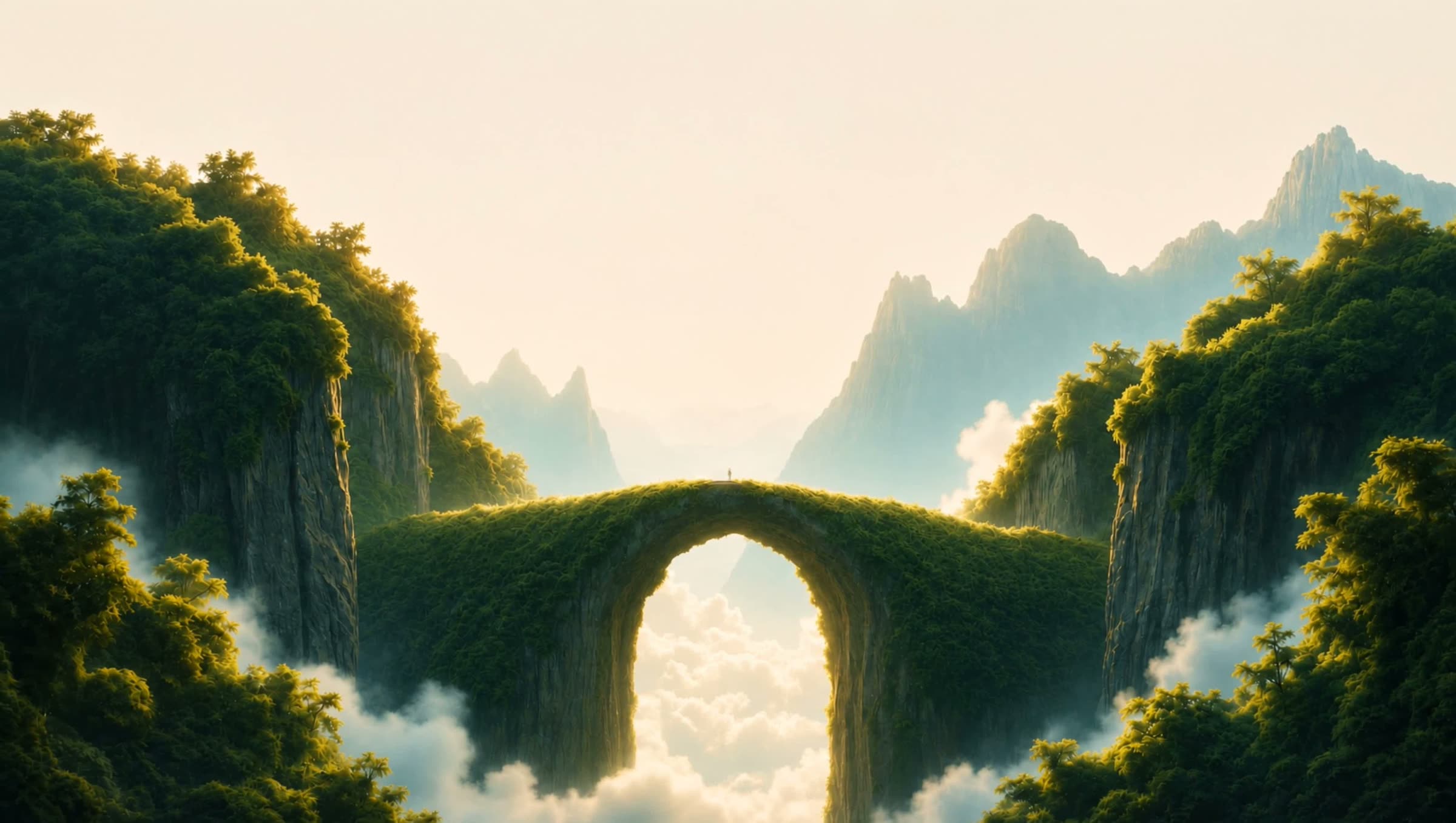A lone figure crossing a grass bridge over a sea of clouds at warm dawn
