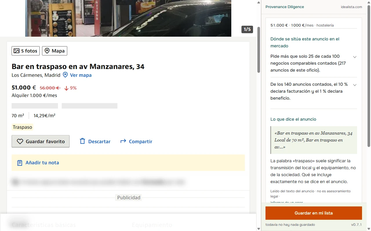 A business-for-sale listing page with the extension panel beside it