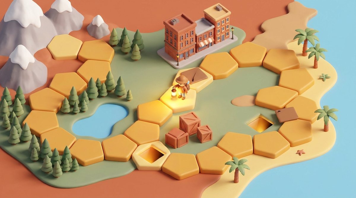 A toy board game across a miniature America: a small explorer with a lantern lights the path and spots the hidden trapdoors before stepping on them.