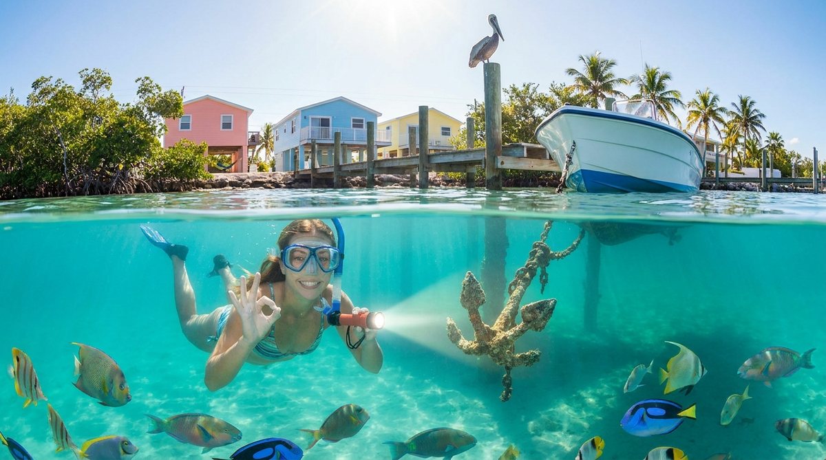 Split view at the Florida Keys: above water, pastel houses and a boat at the dock; below, a smiling snorkeller shines a torch on what lies under the hull.