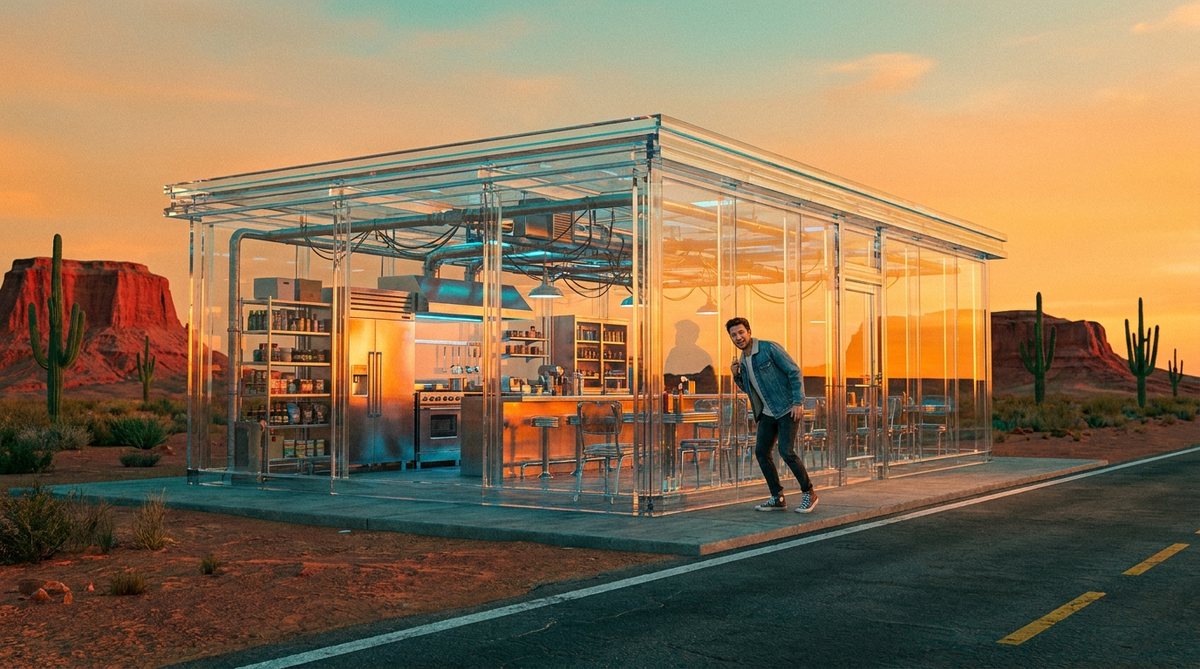A glass diner on a desert highway at sunset: every shelf, pipe and corner is visible from outside, and a smiling visitor peeks in before walking through the door.
